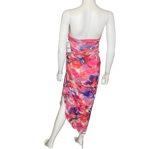 Emerald Sundae Juniors' Strapless Ruched Mesh Bodycon Midi Dress Fuchsia Sz L - Picture 6 of 9